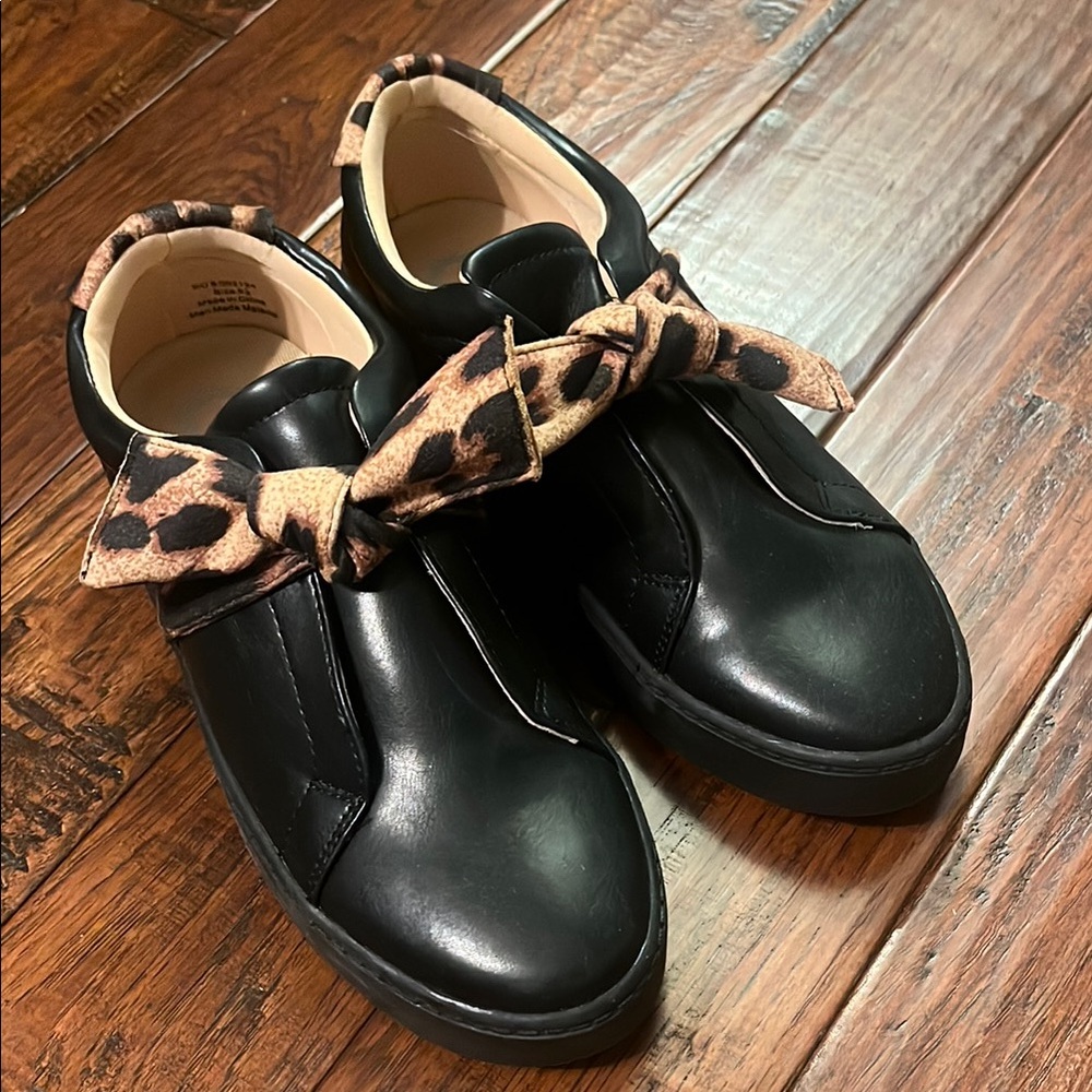 Journee Collection Black and Brown Sneakers with Leopard Print Bow